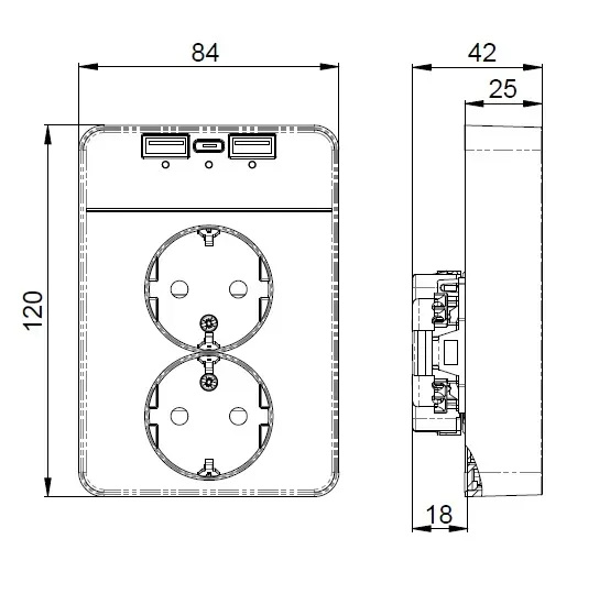 Pistorasia+USB Etman DesignX 2S/16A/IP21 2A+1C 18W VAL