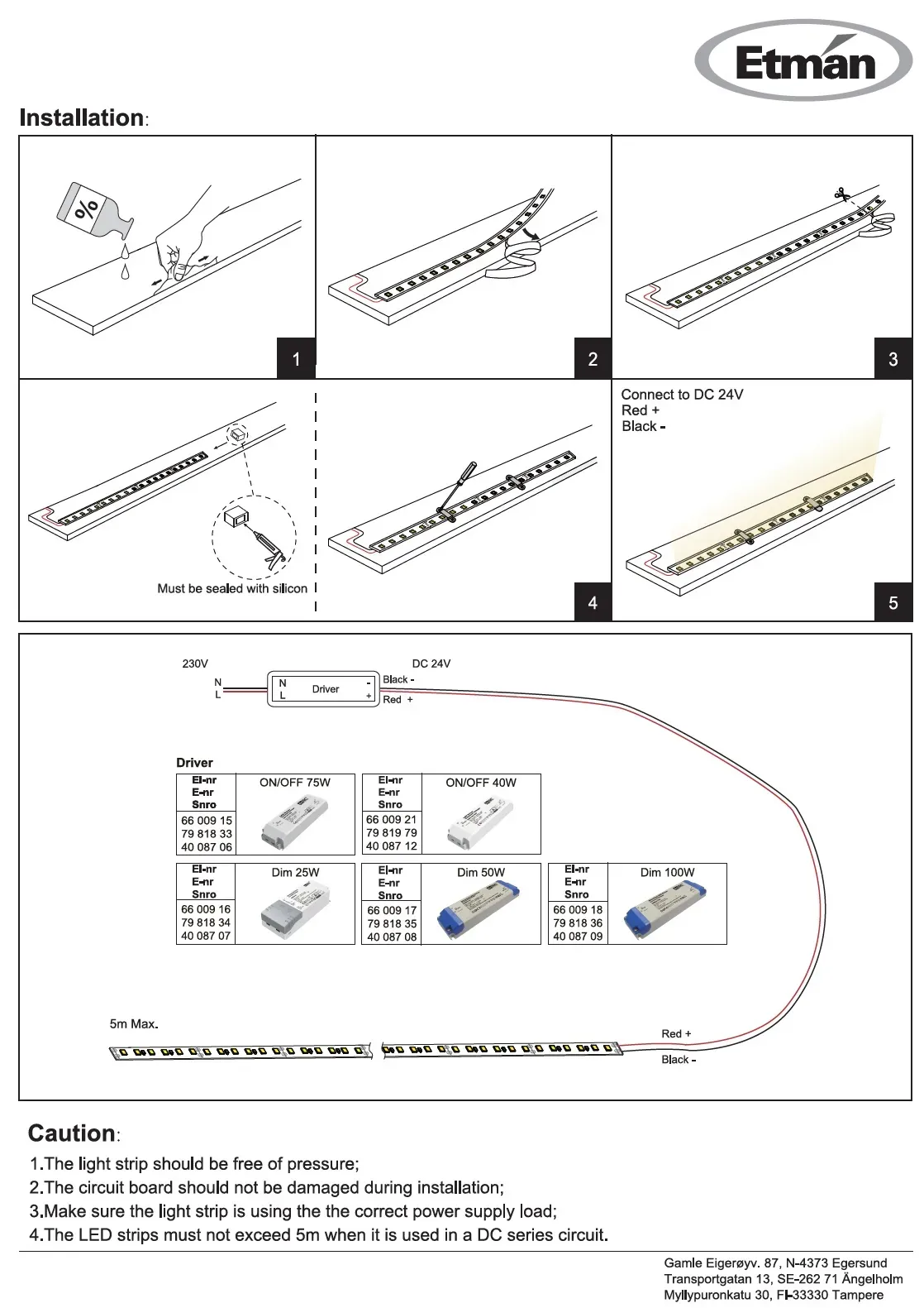 LED-nauha Etman STRIP 24V 5,2W/m 3000K IP65 5M