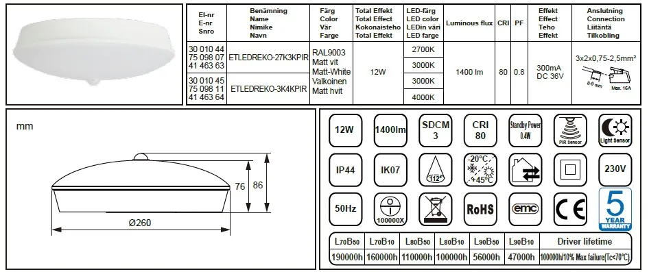 Tunnistinvalasin Etman ETLED REKO 12W IP44 3/4K PIR